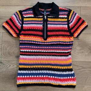 Adam Selman Multicolor Crochet Knit Zip Polo Top Size Small